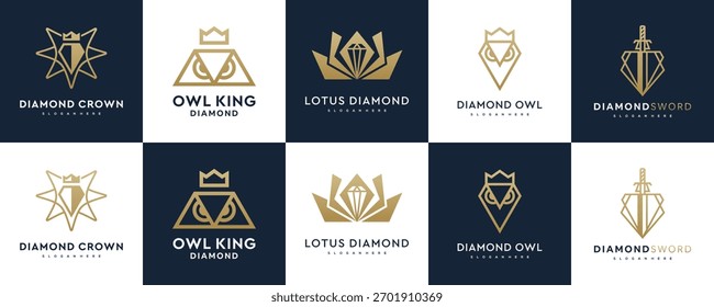 Conjunto de Colecciones de lujosas Inspiraciones de diseño de logotipo de diamante. Vector de cristal o concepto de piedra preciosa utilizable para negocios, joyería y moda.	
