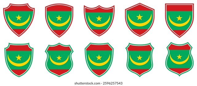 set collections mauritania flag in shield badge icon. mauritania flag symbol of powerful country. mauritania independence day emblem label sticker design template vector illustration