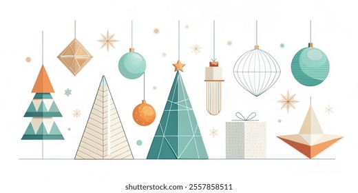 Set of collections minimalistic geometric Christmas elements in flat and linear style. Abstract Xmas decoration. Vector illustration Vector Illustration with white background.