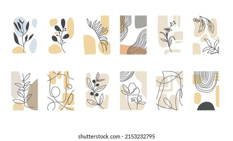 Set Collections modern abstract line leaves vector with different shapes for wall decoration ,on pink background , Vector Illustration EPS 10
