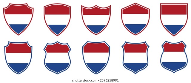 set collections Netherlands flag in shield badge icon. Netherlands flag symbol of powerful country. Netherlands independence day emblem label sticker design template vector illustration