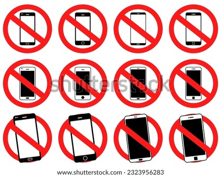 set collections no cell phone prohibited sign. Smartphones forbidden round sticker vector illustration