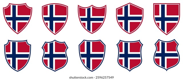 set collections norway flag in shield badge icon. norway flag symbol of powerful country. norway independence day emblem label sticker design template vector illustration