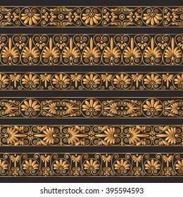 Set collections of old greek ornaments. Golden antique borders on the dark brown background. Ethnic patterns. Vector illustrations.
