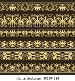 Set collections of old greek ornaments. Antique borders in yellow color on the dark brown background. Ethnic patterns. Vector illustrations.