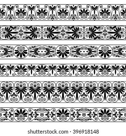 Set collections of old Greek ornaments. Antique borders in black color on the white background. Ethnic patterns. Vector illustrations.