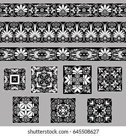 Set collections of old Greek ornaments. Antique borders and tiles isolated in black and white colors isolated on gray background. Ethnic patterns. Vector illustrations.