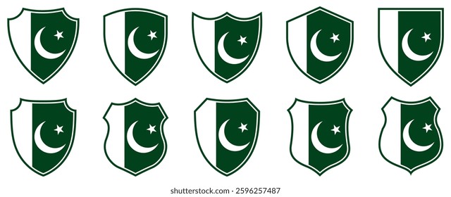 set collections pakistan flag in shield badge icon. pakistan flag symbol of powerful country. pakistan independence day emblem label sticker design template vector illustration