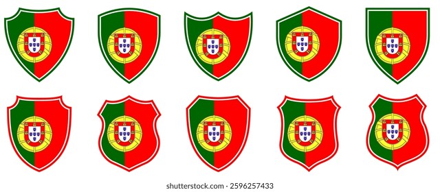 set collections portugal flag in shield badge icon. portugal flag symbol of powerful country. portugal independence day emblem label sticker design template vector illustration