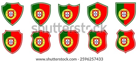 set collections portugal flag in shield badge icon. portugal flag symbol of powerful country. portugal independence day emblem label sticker design template vector illustration