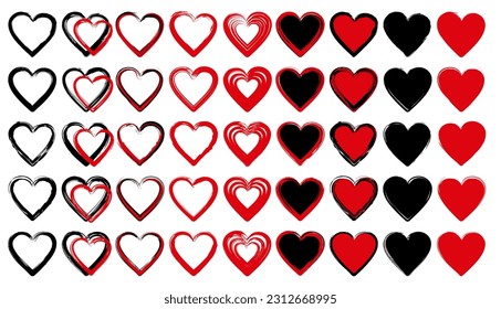 Set collections red grunge hearts icon symbol. Love ornament Vector illustration