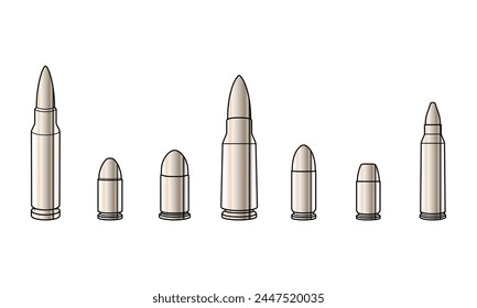 Set collections of retro metallic silver bullets. Isolated clip art