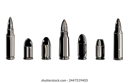 Set collections of retro metallic titanium bullets. Clip art vector illustration
