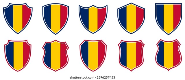 set collections romania flag in shield badge icon. romania flag symbol of powerful country. romania independence day emblem label sticker design template vector illustration