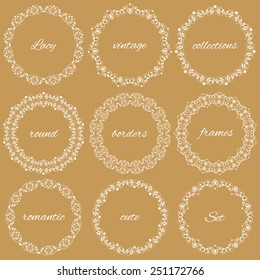 Set collections of round vintage lacy frames for your text or photo. White cute elegant elements isolated on retro beige background. Vector illustration. Can use for birthday card, wedding invitations