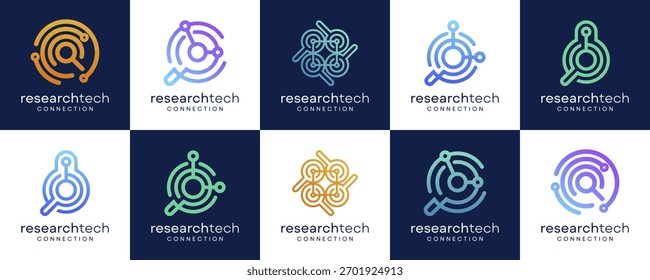 Set Kollektionen von Wissenschaft und Forschungstechnologie, Logo Design Ideen. Vektorkombination aus Vergrößerungsglas und Netzwerkverbindungskonzept.	
