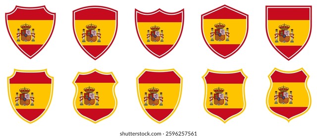 set collections spain flag in shield badge icon. spain flag symbol of powerful country. spain independence day emblem label sticker design template vector illustration