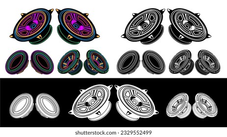 establecer símbolo de icono del subwoofer de colecciones. Diseño monocromo vintage del altavoz de coches. Ilustración del vector de sonido