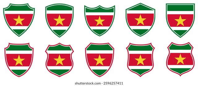 set collections suriname flag in shield badge icon. suriname flag symbol of powerful country. suriname independence day emblem label sticker design template vector illustration