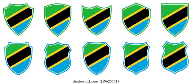 set collections tanzania flag in shield badge icon. tanzania flag symbol of powerful country. tanzania independence day emblem label sticker design template vector illustration