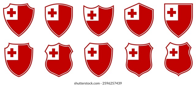 set collections tonga flag in shield badge icon. tonga flag symbol of powerful country. tonga independence day emblem label sticker design template vector illustration