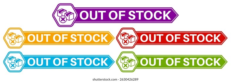 Set collections trendy colorful out of stock icon sign. social media product not available labels design template Vector illustration