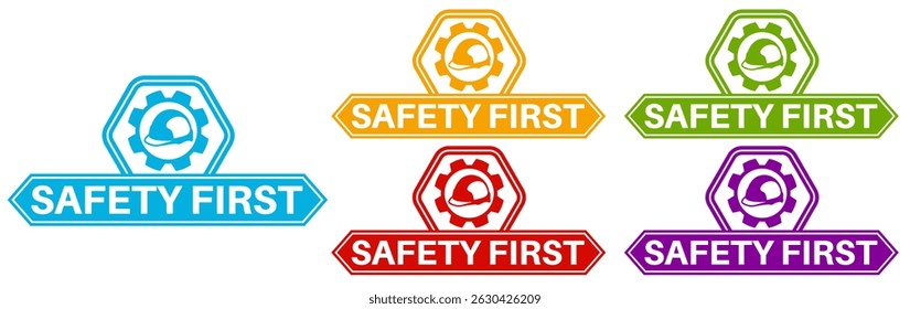 Set collections trendy colorful safety first icon sign. Work Safety labels design template Vector illustration