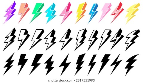 set collections trendy Lightning bolt icon. Thunderbolt vector illustration