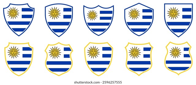 set collections uruguay flag in shield badge icon. uruguay flag symbol of powerful country. uruguay independence day emblem label sticker design template vector illustration