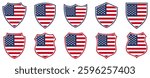 set collections USA flag in shield badge icon. USA flag symbol of powerful country. United States of America independence day emblem label sticker design template vector illustration