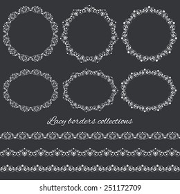 Set collections of vintage lacy borders and frames. White cute elegant elements isolated on dark gray background. Vector illustration