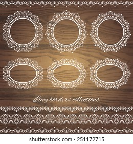 Set collections of vintage lacy borders and frames. White cute elegant elements isolated on wooden background. Vector illustration. Can use for birthday card, wedding invitations