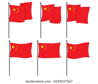 Set Collections - Waving China National Flag Vector on Flagpole with Five Golden Stars, Symbol of Unity and Power, Editable for National Day, Government and Education. isolated on white background