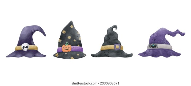 Set of collections Witch hat Halloween watercolor cartoon wizard hat vector illustration on white background 