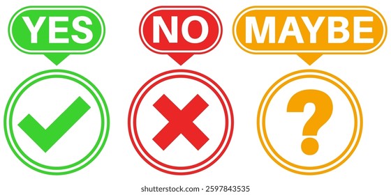 Set collections yes no maybe icon sign. Green check mark, red cross and yellow question mark labels design template Vector illustration