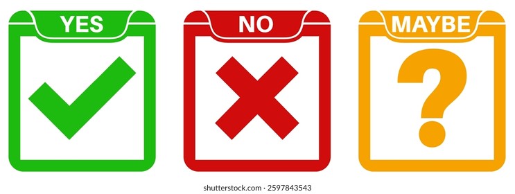 Set collections yes no maybe icon sign. Green check mark, red cross and yellow question mark labels design template Vector illustration
