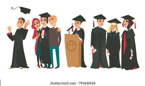 Set of college graduates, boys and girl in graduation cap and gown, holding diplomas, standing with parents, speaking from tribune, flat vector illustration isolated on white background