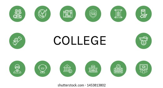 Set of college icons such as Cheerleader, Fetus, Book, Mortarboard, Papyrus, Teacher, Professor, School, Online learning, Class, Diploma , college