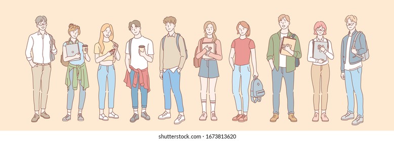 Set of college student, pupil concept. Group of young men and women students teenagers, pupils with books, backpacks. University, college life. Education, learning, study process. Simple flat vector