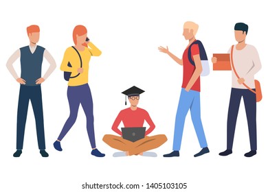 Set of college students in casual outfits. Group of female and male flat vector cartoon characters on white background. Can be used for advertisement, promo, education