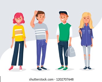 Set of college or university students, people in casual wearing, standing in line in different poses. Group of young people. Vector illustration. Flat design.