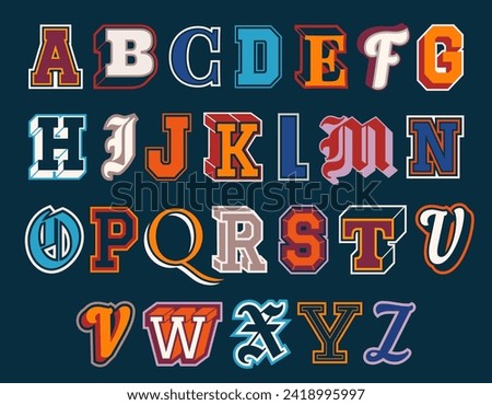 Set of collegiate athletic letters. Vintage university alphabet font elements for sports prints. Retro patches for printing on fabric. Cartoon flat vector collection isolated on dark background