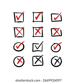 Definir coleção de doodle marca caixa de verificação desenhada à mão e cruz, lista de aprovação e rejeição