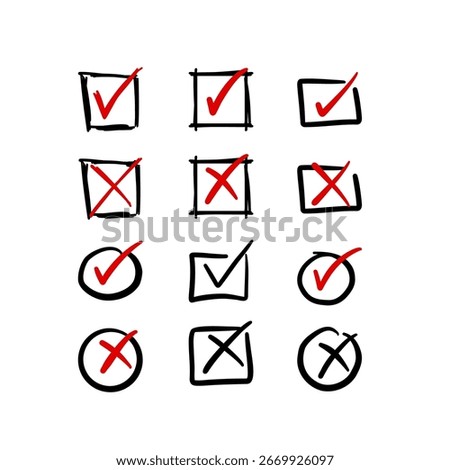 Set colletion of doodle hand drawn checkbox tick and cross, checkbox list of approval and rejection