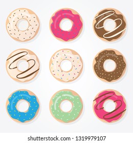 Set of colofrul yummy vector donuts decorated with glaze, sweets and chocolate