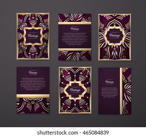 Set of  coloful flyers, brochures, templates design. Vintage luxury cards 
with abstract patterns and ornaments. 