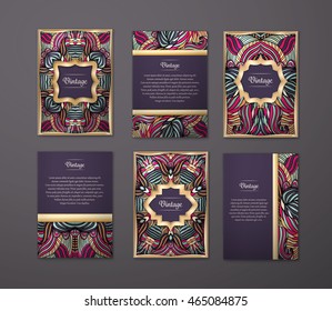 Set of  coloful flyers, brochures, templates design. Vintage luxury cards 
with abstract patterns and ornaments. 