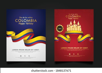 Establecer la plantilla de fondo Día de Colombia. con bandera colombiana realista y velas por la fiesta nacional tradicional de la república colombiana.
