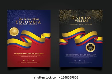 Set Colombia Day background template. with Realistic colombian ribbon flag and candles for Colombia republic national traditional holiday.