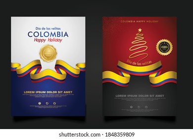 Set Colombia Day background template. with Realistic colombian ribbon flag and candles for Colombia republic national traditional holiday.